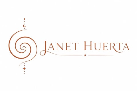 Janet Huerta logo featuring a spiral design with decorative elements in tan brown